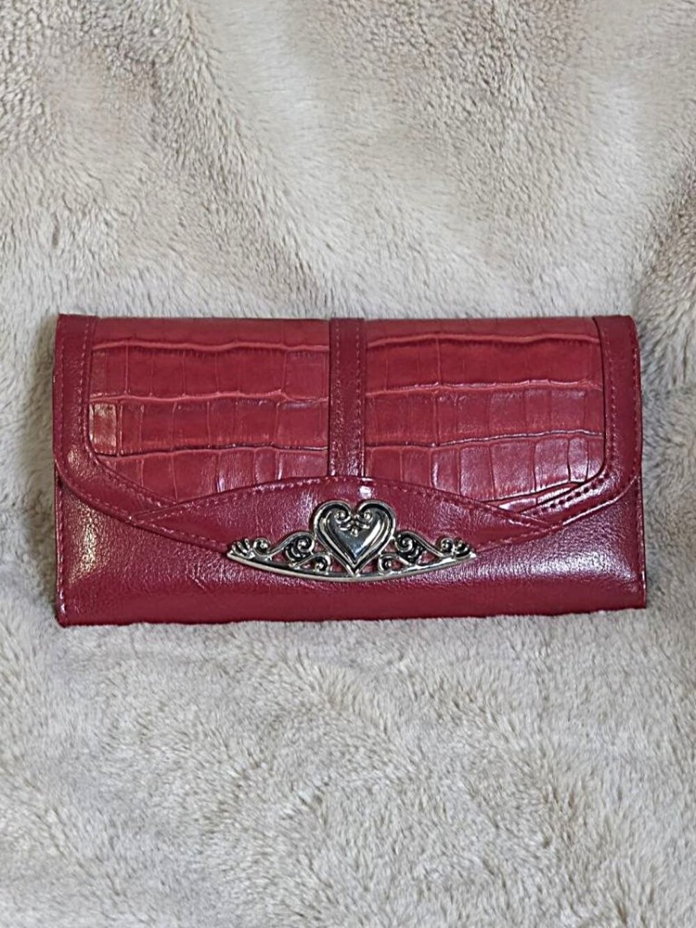 Red Leather Brighton Tri-Fold Women's Wallet w/ Metal Heart Scrollwork Detail